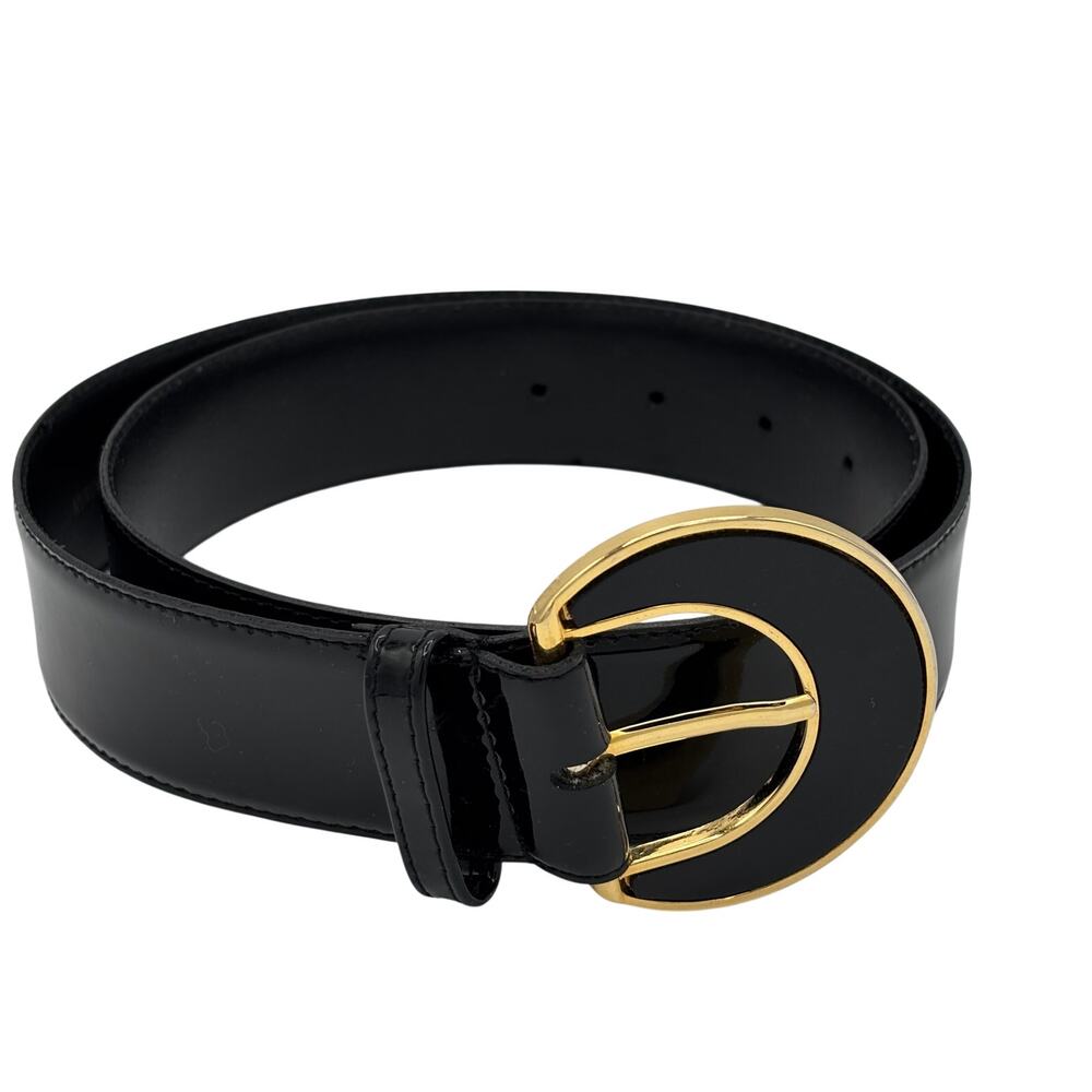 Black Patent Leather Belt - Crescent Buckle- size Medium - no brand